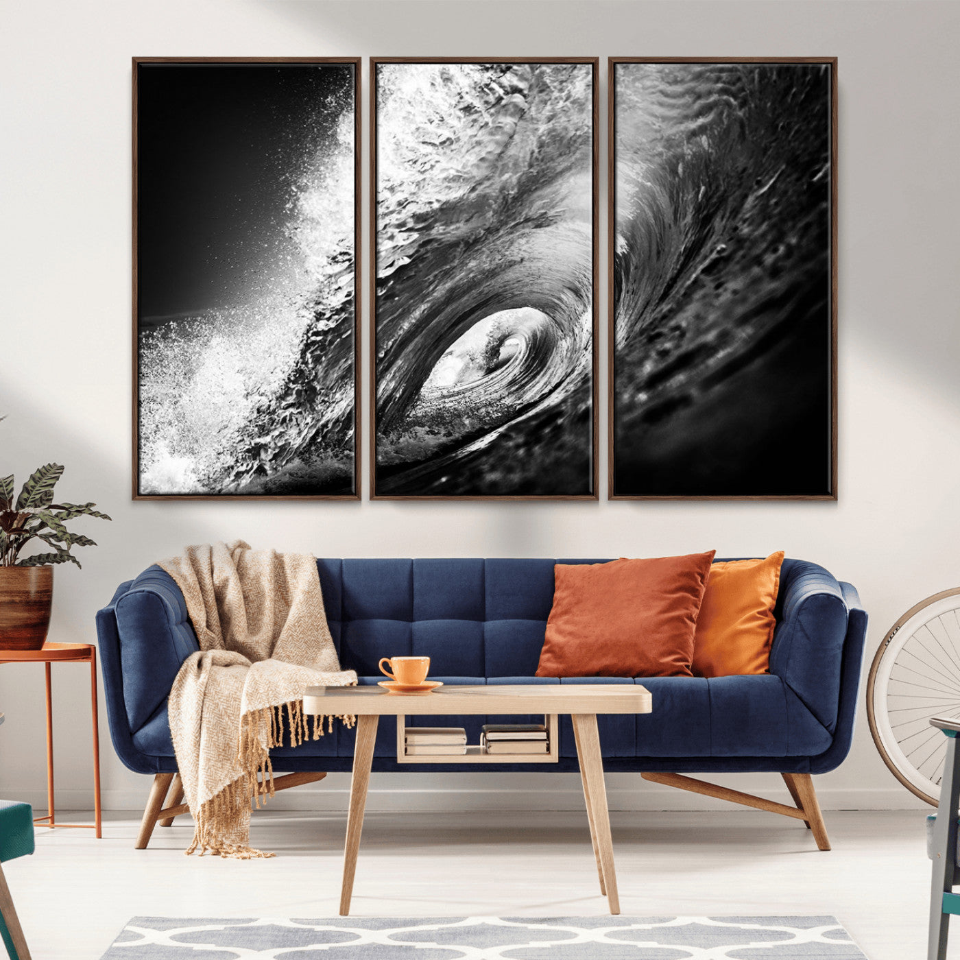 22702-MGV-FC-48X32-3P_Walnut-Black and White Ocean Wave Wall Art – Powerful Surf Curl Photography Canvas Print, Modern Coastal Decor for Living Room, Office or