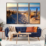 31889-MGV-FC-48X32-3P_Walnut-Sandy Beach Pathway Wall Art – Coastal Dune Fence and Ocean View Canvas Print, Relaxing Seaside Landscape Decor for Living Room or