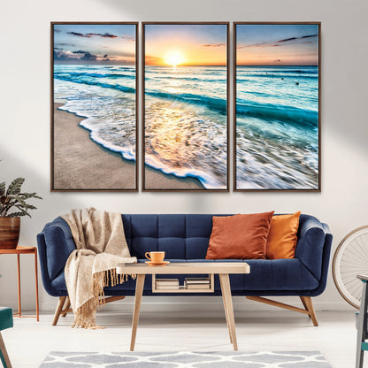 27815-MGV-FC-48X32-3P_Walnut-Ocean Sunrise Beach Wall Art – Serene Coastal Canvas Print with Waves and Golden Morning Light, Relaxing Seascape Decor for