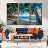 39679-MGV-FC-48X32-3P_Walnut-Tropical Palm Beach Wall Art – Serene Ocean Canvas Print with Palm Trees and Rocks, Coastal Paradise Decor for Living Room or
