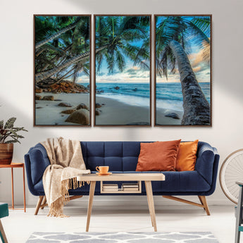 39679-MGV-FC-48X32-3P_Walnut-Tropical Palm Beach Wall Art – Serene Ocean Canvas Print with Palm Trees and Rocks, Coastal Paradise Decor for Living Room or