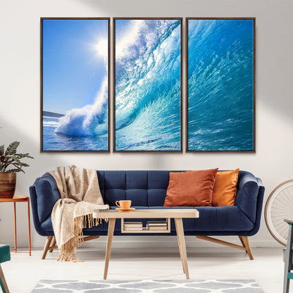 37494-MGV-FC-48X32-3P_Walnut-Ocean Wave Canvas Art – Stunning Blue Wave Photography, Coastal Wall Decor for Living Room, Bedroom or Office