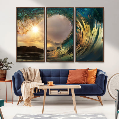 38256-MGV-FC-48X32-3P_Walnut-Ocean Wave Wall Art – Stunning Sunrise Through Curling Wave Canvas Print, Coastal Surf Photography Seascape Decor for Living Room,
