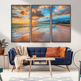 41572-MGV-FC-48X32-3P_Walnut-Sunset Beach Wall Art – Ocean Waves and Palm Trees Canvas Print, Tropical Coastal Sunset Seascape Decor for Living Room, Bedroom