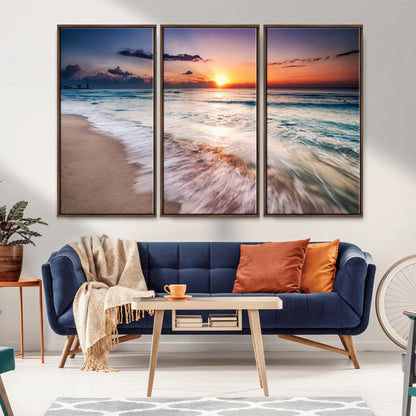 99906-MGV-FC-48X32-3P_Walnut-Morning Tide Canvas Print – Soft Sunrise Ocean Waves Wall Art, Coastal Serenity Decor for Home & Office