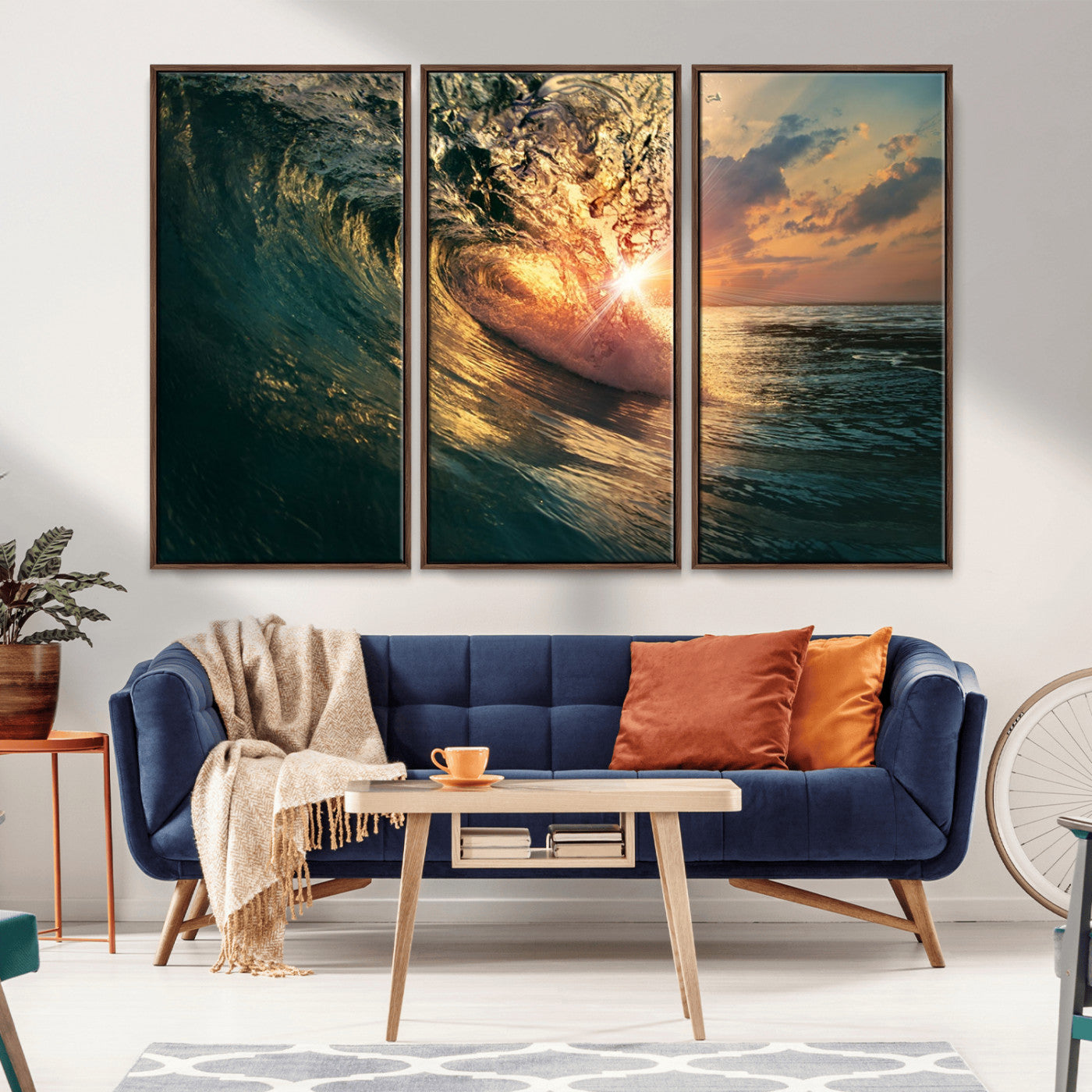 55359-MGV-FC-48X32-3P_Walnut-Radiant Ocean Wave Wall Art – Panoramic Surf Canvas Print, Vibrant Sunset Beach Decor for Home, Office or Man Cave