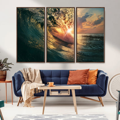 55359-MGV-FC-48X32-3P_Walnut-Radiant Ocean Wave Wall Art – Panoramic Surf Canvas Print, Vibrant Sunset Beach Decor for Home, Office or Man Cave