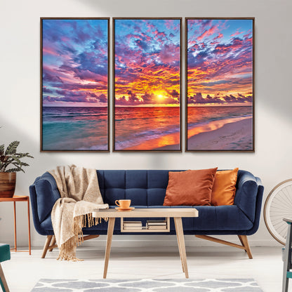 72836-MGV-FC-48X32-3P_Walnut-Fiery Sunset Beach Wall Art – Panoramic Vibrant Ocean Canvas Print, Dramatic Coastal Decor for Living Room, Bedroom or Office