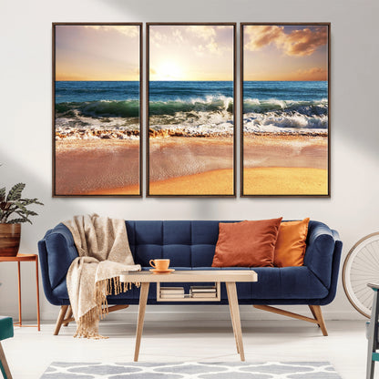 79005-MGV-FC-48X32-3P_Walnut-Golden Sunrise Ocean Waves Wall Art – Panoramic Seashore Canvas Print, Calming Coastal Decor for Home, Office or Relaxation Space