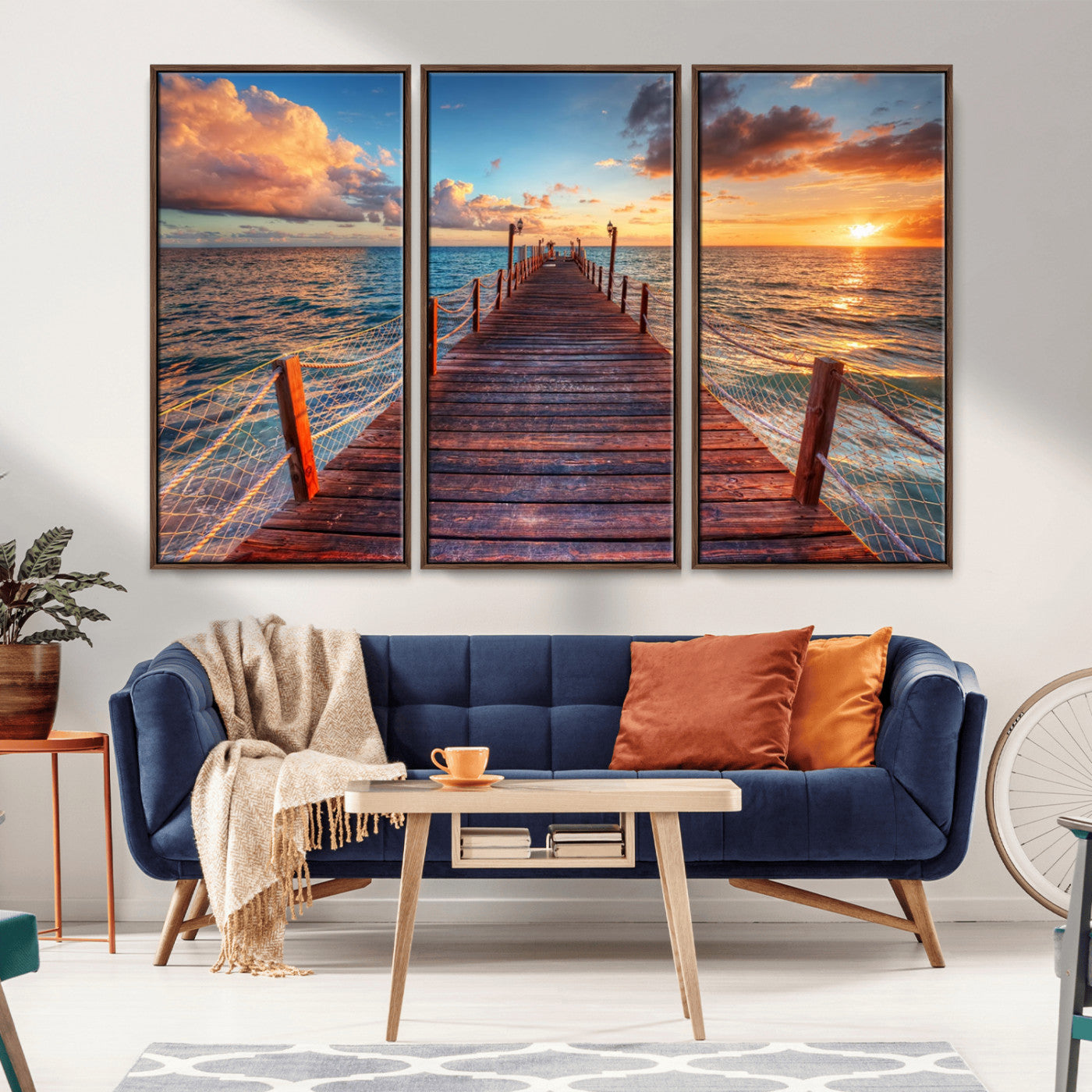 28836-MGV-FC-48X32-3P_Walnut-Ocean Pier Sunset Wall Art – Wooden Dock and Golden Horizon Canvas Print, Coastal Seascape Photography for Living Room, Bedroom,