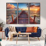 28836-MGV-FC-48X32-3P_Walnut-Ocean Pier Sunset Wall Art – Wooden Dock and Golden Horizon Canvas Print, Coastal Seascape Photography for Living Room, Bedroom,