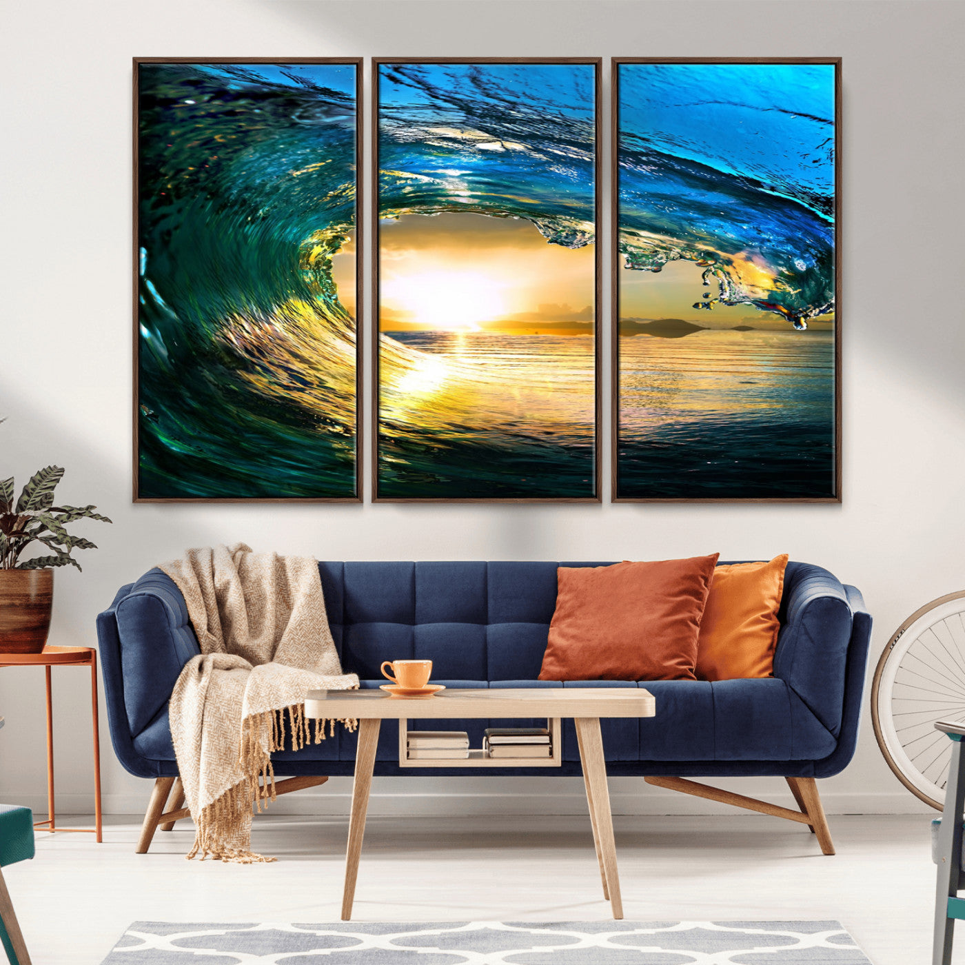 19378-MGV-FC-48X32-3P_Walnut-Ocean Wave Sunset Wall Art – Vibrant Surf and Golden Horizon Canvas Print, Coastal Seascape Photography for Living Room, Bedroom,