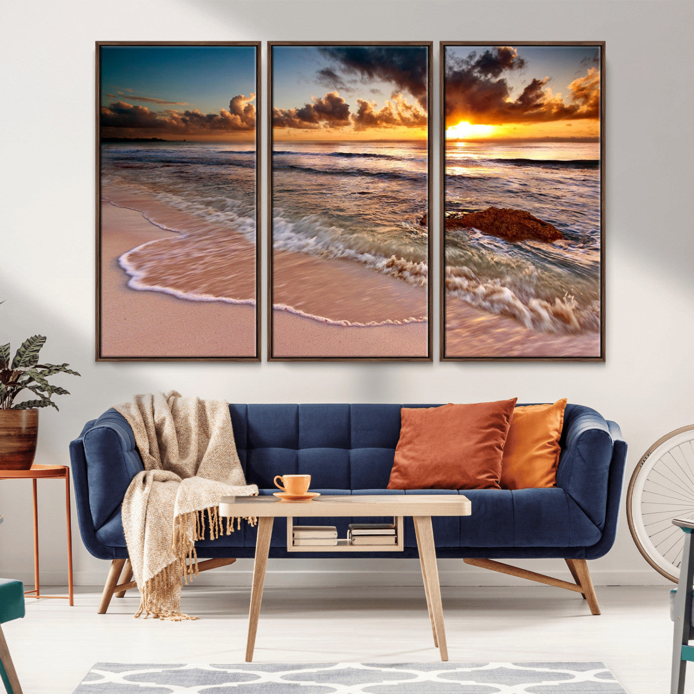 80979-MGV-FC-48X32-3P_Walnut-Golden Sunrise Beach Wall Art – Ocean Waves and Sandy Shore Canvas Print, Coastal Sunset Photography Artwork for Living Room,