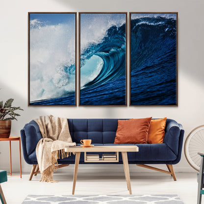 89502-MGV-FC-48X32-3P_Walnut-Powerful Ocean Wave Wall Art – Panoramic Blue Sea Wave Canvas Print, Coastal Surf Photography Artwork for Living Room, Bedroom, or