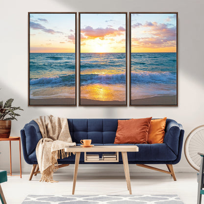 78006-MGV-FC-48X32-3P_Walnut-Golden Sunrise Ocean Wall Art – Panoramic Beach Waves Canvas Print, Coastal Seascape Artwork for Living Room, Bedroom, Office, or