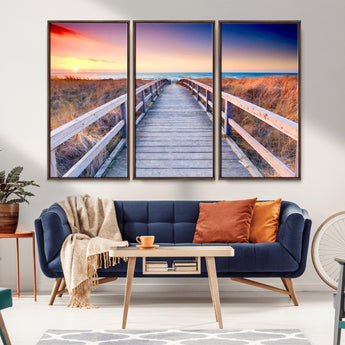 60625-MGV-FC-48X32-3P_Walnut-Beach Boardwalk Sunrise Wall Art – Coastal Pathway to Ocean Canvas Print, Seaside Landscape Decor for Home or Office