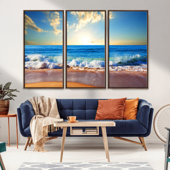 50522-MGV-FC-48X32-3P_Walnut-Ocean Sunrise Wall Art – Peaceful Beach Waves and Golden Horizon Canvas Print, Coastal Seascape Decor for Home or Office