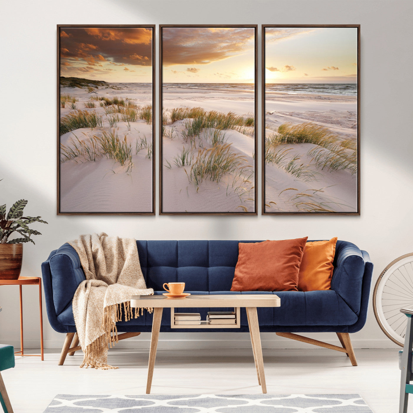 61246-MGV-FC-48X32-3P_Walnut-Coastal Sand Dunes Wall Art – Serene Beach Sunset Canvas Print with Grasses and Ocean View, Tranquil Seaside Decor for Living Room