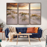 61246-MGV-FC-48X32-3P_Walnut-Coastal Sand Dunes Wall Art – Serene Beach Sunset Canvas Print with Grasses and Ocean View, Tranquil Seaside Decor for Living Room