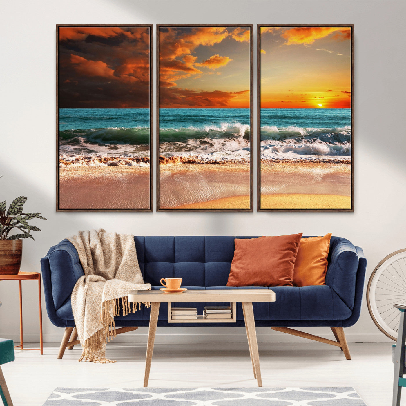 72948-MGV-FC-48X32-3P_Walnut-Ocean Sunset Wave Wall Art – Dramatic Seascape Canvas Print with Golden Sky and Crashing Waves, Coastal Beach Decor for Living