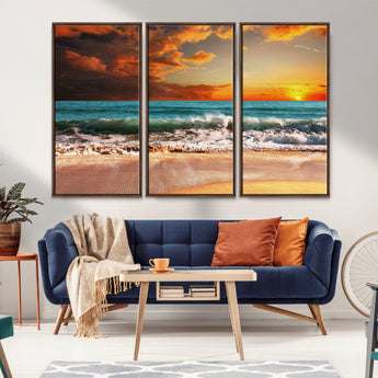 72948-MGV-FC-48X32-3P_Walnut-Ocean Sunset Wave Wall Art – Dramatic Seascape Canvas Print with Golden Sky and Crashing Waves, Coastal Beach Decor for Living