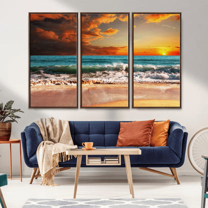 72948-MGV-FC-48X32-3P_Walnut-Ocean Sunset Wave Wall Art – Dramatic Seascape Canvas Print with Golden Sky and Crashing Waves, Coastal Beach Decor for Living