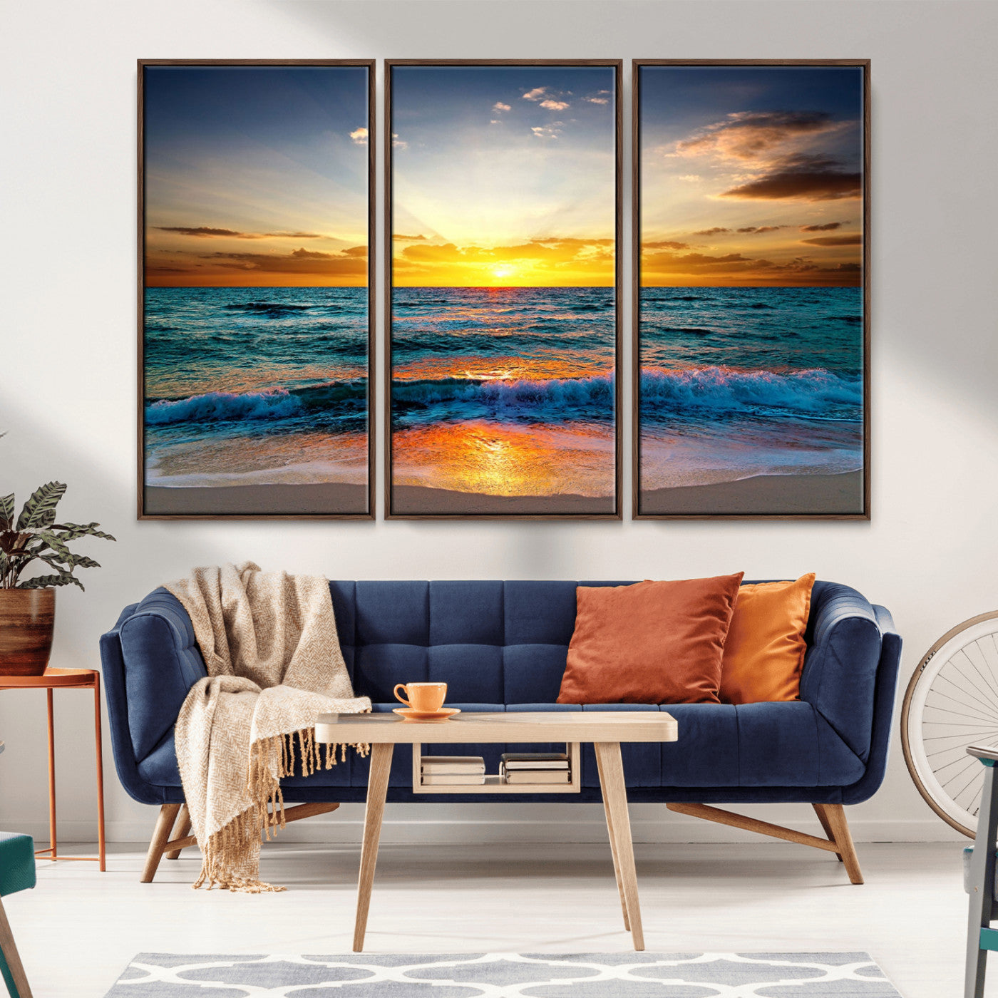 50627-MGV-FC-48X32-3P_Walnut-Ocean Sunset Wall Art – Serene Beach Canvas Print with Waves and Golden Sky, Coastal Decor for Living Room or Office