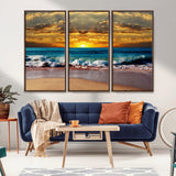 83389-MGV-FC-48X32-3P_Walnut-Ocean Sunrise Wall Art – Vibrant Beach Waves Canvas Print, Coastal Seascape Decor for Living Room or Office
