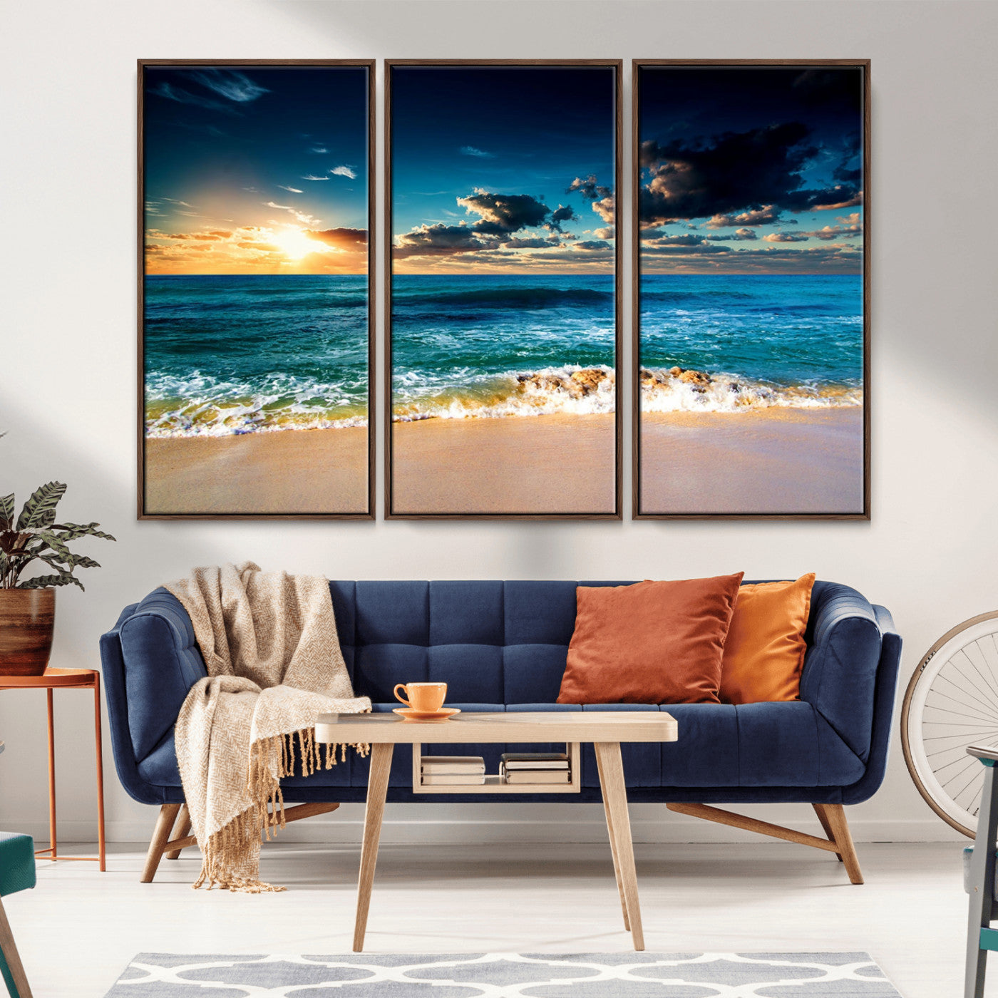 88985-MGV-FC-48X32-3P_Walnut-Ocean Sunset Wall Art – Tranquil Beach Waves Canvas Print, Coastal Seascape Decor for Living Room or Office