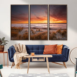 90176-MGV-FC-48X32-3P_Walnut-Beach Sunset Wall Art – Coastal Sand Dune Canvas Print with Ocean Waves and Dramatic Sky, Seaside Landscape Decor for Living Room