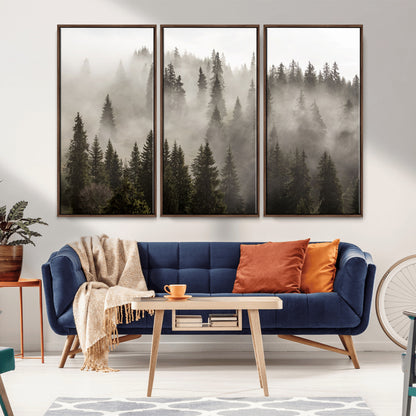 62862-MGV-FC-48X32-3P_Walnut-Misty Forest Wall Art – Tranquil Pine Tree Canvas Print with Mountain Fog, Nature Landscape Artwork for Living Room, Bedroom, or