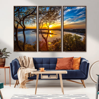 66839-MGV-FC-48X32-3P_Walnut-Lake Sunset Wall Art – Golden Hour Canvas Print with Trees and Water Reflection, Scenic Landscape Photography for Living Room,