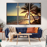 82710-MGV-FC-48X32-3P_Walnut-Palm Tree Sunset Beach Wall Art – Tropical Ocean Canvas Print, Coastal Paradise Seascape Decor for Living Room or Office Wall