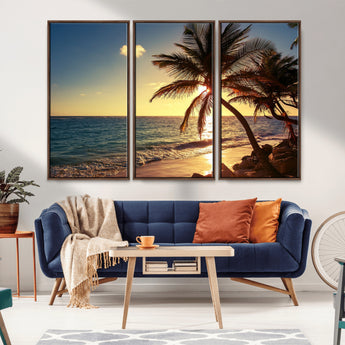 82710-MGV-FC-48X32-3P_Walnut-Palm Tree Sunset Beach Wall Art – Tropical Ocean Canvas Print, Coastal Paradise Seascape Decor for Living Room or Office Wall