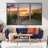 25576-MGV-FC-48X32-3P_Walnut-Beach Grass Sunset Wall Art – Coastal Sand Dune Landscape Canvas Print, Ocean View Nature Decor for Living Room or Office Wall