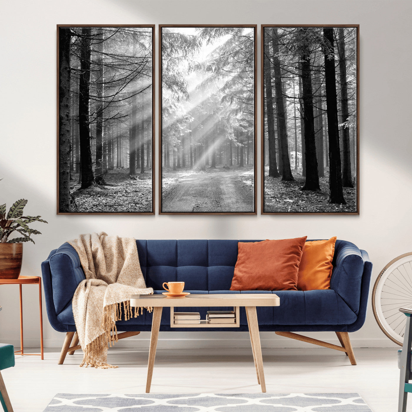 39665-MGV-CV-36X24-Black and White Forest Path Wall Art – Sunlight Rays in Trees Canvas Print, Nature Landscape Decor for Living Room or Office
