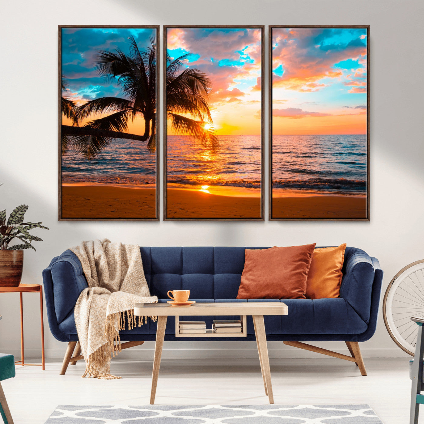 34674-MGV-FC-48X32-3P_Walnut-Tropical Sunset Beach Wall Art – Palm Tree Ocean Canvas Print, Coastal Seascape Decor for Living Room or Office Wall