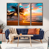 34674-MGV-FC-48X32-3P_Walnut-Tropical Sunset Beach Wall Art – Palm Tree Ocean Canvas Print, Coastal Seascape Decor for Living Room or Office Wall