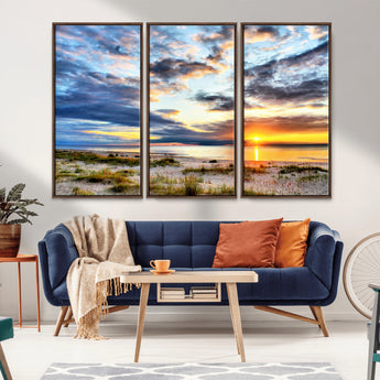 39645-MGV-FC-48X32-3P_Walnut-Golden Beach Sunset Wall Art – Serene Ocean Horizon Canvas Print, Coastal Nature Landscape Decor for Living Room, Bedroom or