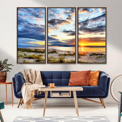 39645-MGV-FC-48X32-3P_Walnut-Golden Beach Sunset Wall Art – Serene Ocean Horizon Canvas Print, Coastal Nature Landscape Decor for Living Room, Bedroom or