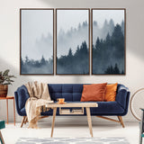 23671-MGV-FC-48X32-3P_Walnut-Misty Forest Wall Art – Serene Foggy Pine Trees Landscape Canvas Print, Tranquil Nature Decor for Living Room, Bedroom or Office