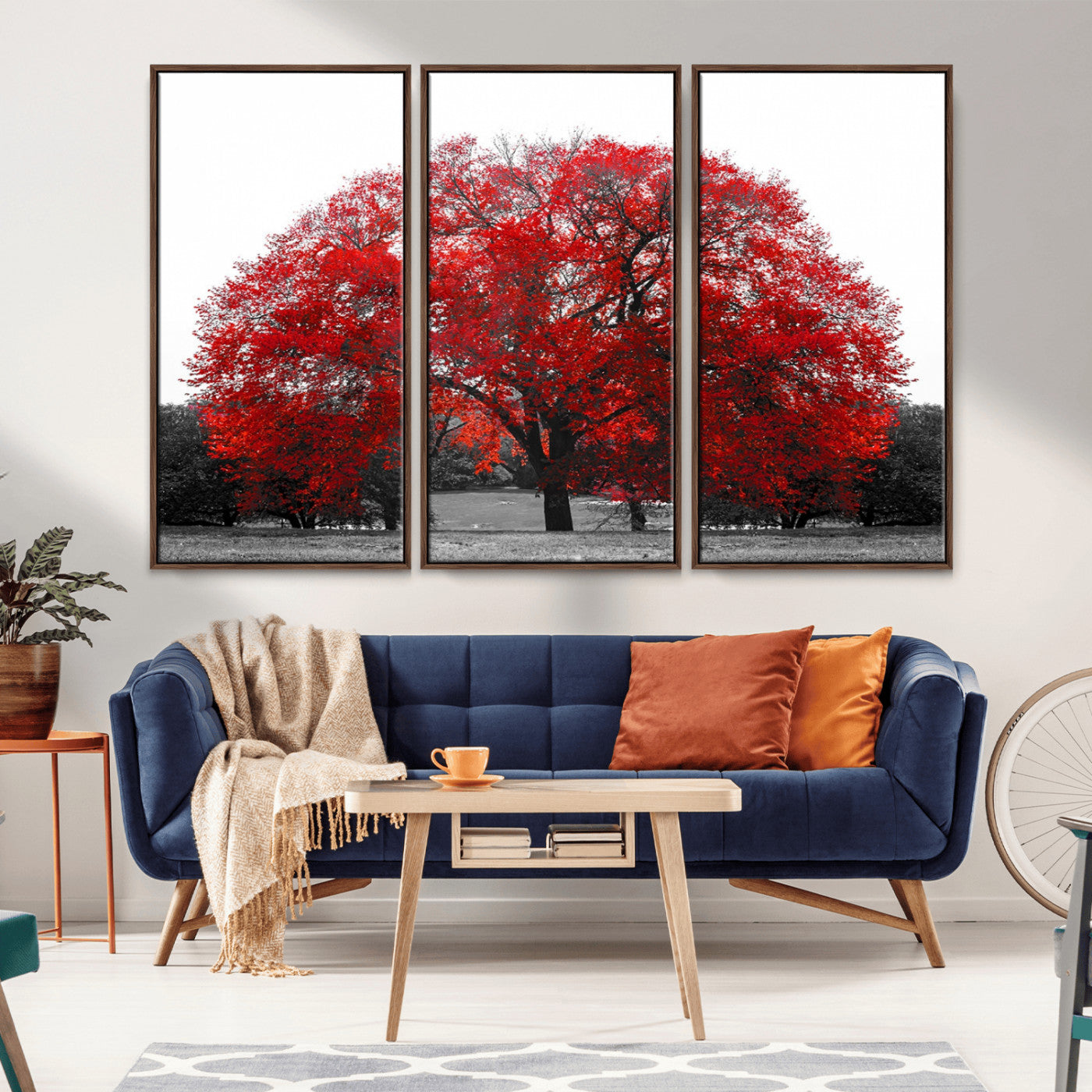80021-MGV-FC-48X32-3P_Walnut-Red Tree Wall Art – Striking Black and White Landscape Canvas Print with Vibrant Red Leaves, Modern Nature Decor for Living Room