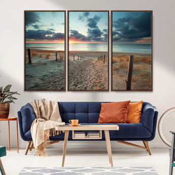 25788-MGV-FC-48X32-3P_Walnut-Sunset Beach Path Wall Art – Scenic Coastal Dunes and Ocean Canvas Print, Tranquil Seaside Landscape Decor for Living Room or