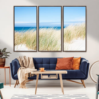 96913-MGV-FC-48X32-3P_Walnut-Coastal Dunes Wall Art – Serene Beach Grass and Blue Ocean Canvas Print, Relaxing Seaside Nature Decor for Living Room, Bedroom or