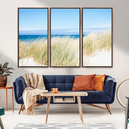 96913-MGV-FC-48X32-3P_Walnut-Coastal Dunes Wall Art – Serene Beach Grass and Blue Ocean Canvas Print, Relaxing Seaside Nature Decor for Living Room, Bedroom or