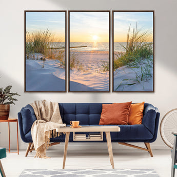 48907-MGV-FC-48X32-3P_Walnut-Beach Sunset Wall Art – Coastal Sand Dunes and Ocean View Canvas Print, Serene Seaside Landscape Painting for Living Room, Bedroom