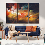45085-MGV-FC-48X32-3P_Walnut-Surreal Cosmic Wall Art – Abstract Galaxy Dreamscape Canvas Print with Man and Dog in Boat, Fantasy Nebula Painting for Living