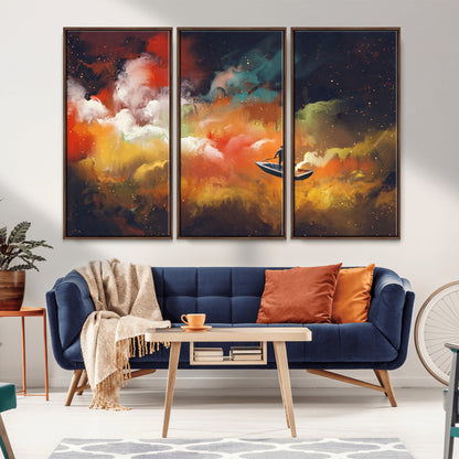 45085-MGV-FC-48X32-3P_Walnut-Surreal Cosmic Wall Art – Abstract Galaxy Dreamscape Canvas Print with Man and Dog in Boat, Fantasy Nebula Painting for Living