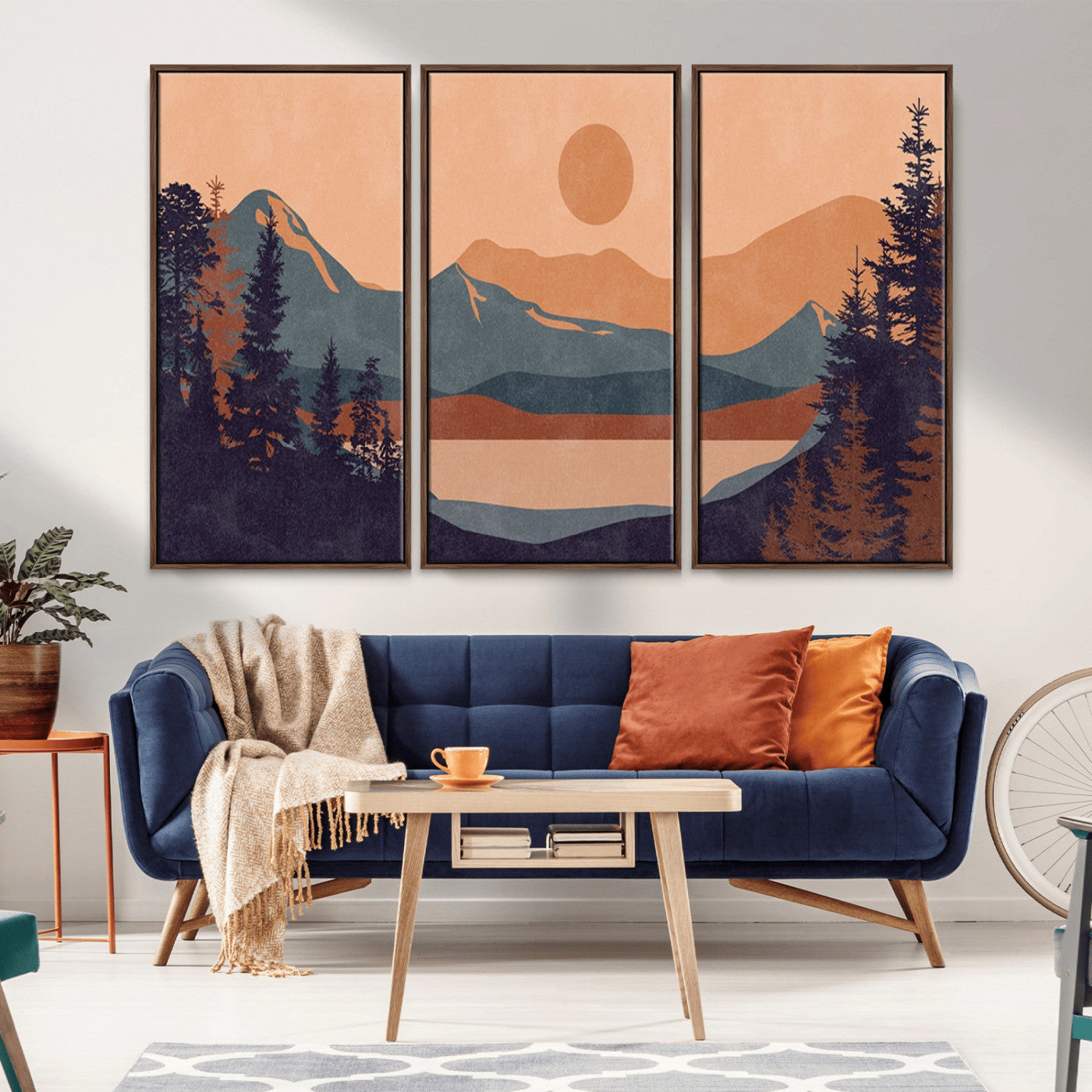 62795-MGV-FC-48X32-3P_Walnut-Minimalist Mountain Landscape Wall Art – Abstract Sunset Over Peaks and Pine Trees Canvas Print, Modern Nature Decor for Living