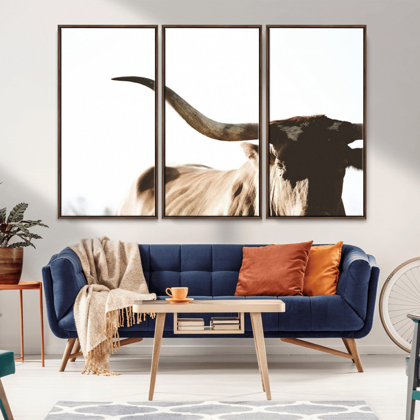 35866-MGV-FC-48X32-3P_Walnut-Texas Longhorn Wall Art – Rustic Western Bull Canvas Print, Farmhouse Animal Photography Decor for Living Room, Office, or Ranch